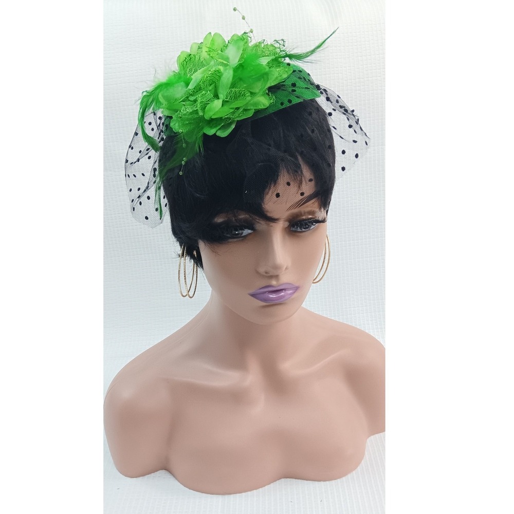 Vintage Style Green Fascinator Hat Faux Feather Polka Dot Veil Hair Clip Pillbox